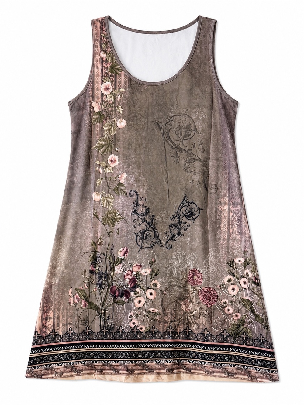 Floral Printed Sleeveless Tank Dress - taupe pink Large